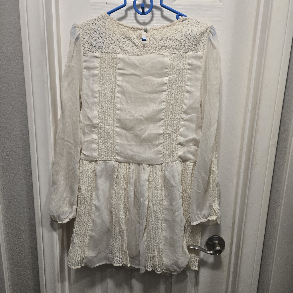Free People Leigh Ivory Chiffon Lace Bohemian Dress Long Sleeve Size M